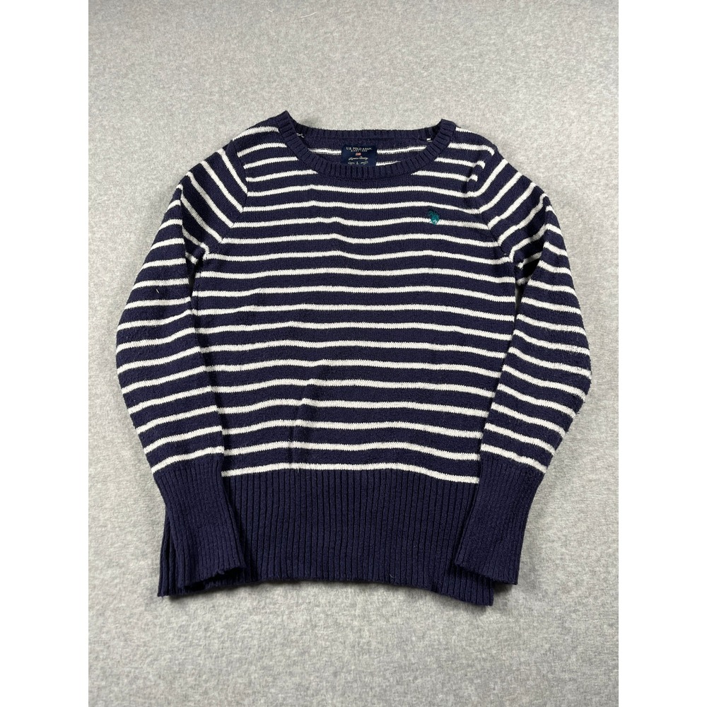 US Polo Assn Crewneck Sweater Women L Navy Stripe Old Money Preppy Academia